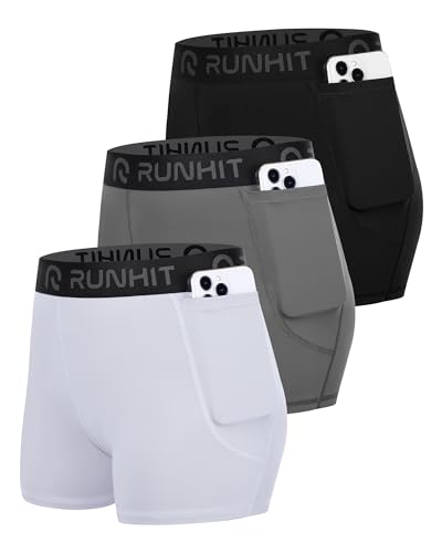 Runhit 3 Inch Volleyball Shorts Womens 3 Pack Spandex Shorts Women With Pocket Compression Shorts For Women Running Athletic White Gray Black S