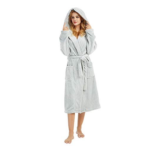 HEARTNICE Womens Hooded Fleece Robe, Soft Plush Bathrobe for Womens, Fluffy Cute Long House Coat (Light Grey Hooded, 2XL/3XL)