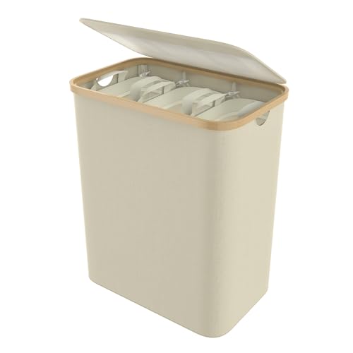 FIVMEN Wäschekorb 3 Fächer Wäschesammler Wäschesortierer mit Deckel und 3 Waschbarer Wäschesack Wäschebox Wäschesack aus Oxford-Gewebe für Waschküche Bad 140L, Beige