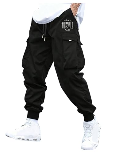 OYOANGLE Men's Cargo Pants Letter Graphic Print Workout Joggers Trousers with Pockets Streetwear