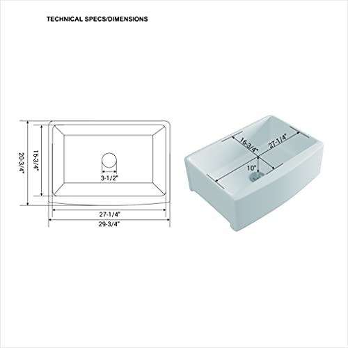Eridanus 30 Inches Farmhouse Sink, Apron Front Kitchen Sink With Extensive Arch Apron, Large Ceramic Kitchen Sink Single Bowl, 29-3/4" X 20-3/4" X 10" #TOP4
