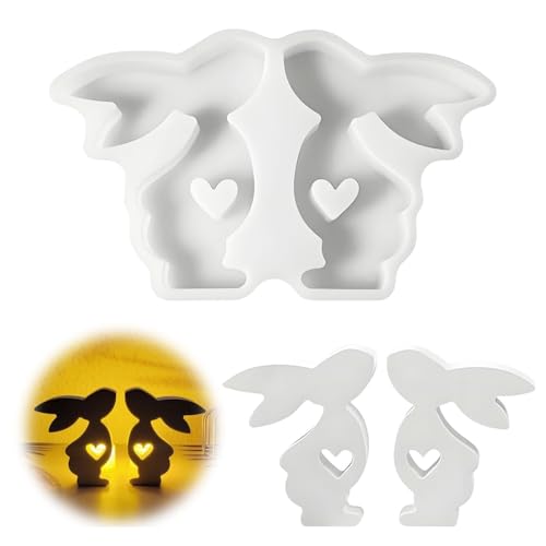 Lot de 2 moules en silicone en forme de lapin de Pâques avec cœur - Moules flexibles pour Pâques - Pour verser de la résine, du plâtre et des décorations...
