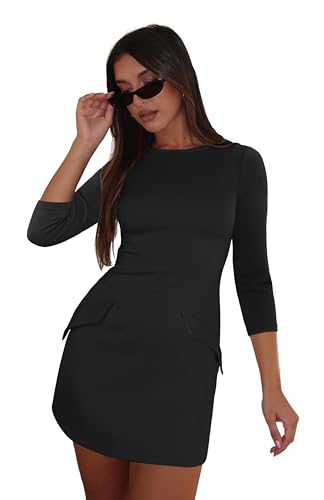 RUMIA Womens Fall Dress Crew Neck 3/4 Sleeve Bodycon Party Club Mini Dresses3