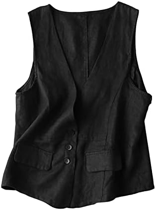 UATKIMI Womens Cotton Linen Vest Casual Loose V Neck Sleeveless Vests Jacket(Black,S)
