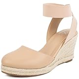 Putu Espadrilles Wedges for Women Closed Toe Wedge Sandals Elastic Ankle Strap Wedge Shoes Nude Size 7.5