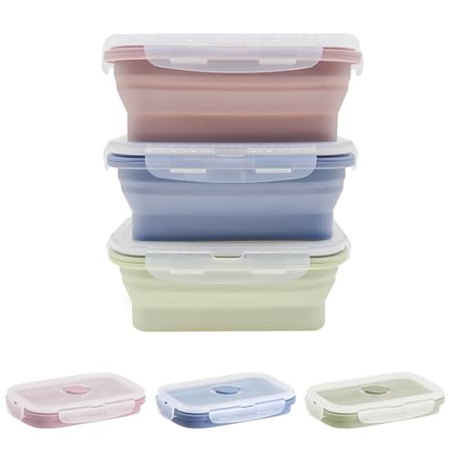 Razatik Silikon Faltbare Brotdosen mit Deckel, 3 Stück Lebensmittel Frischhaltedosen Drei Farben Aufbewahrungsbehälter Lunch box Faltbare Dosen BPA-frei für Mikrowelle und Gefrierschrank