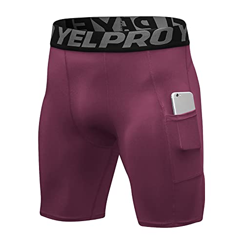 Shengwan Mallas Running Hombre Cortas Correr Gimnasio Pantalones Cortos de Compresión con Bolsillo Vino Rojo M Cover