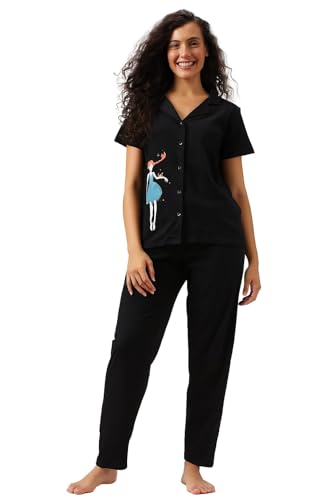 Image of Clovia Women's Cotton Printed Button Down Shirt & Pyjama Night Suit Set
