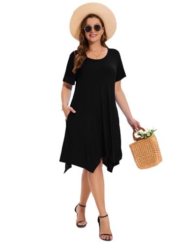Image of ZENNILO Plus Size Tshirt Dress with Pockets Casual Summer Dresses Crew Neck Short Sleeve Swing Dress for Women