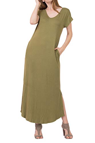 RolyPoly Split Maxi Dress with Pockets Plain V-Neck (Olive, X-Large)