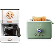 Amaste Retro Coffee Maker & Toaster Set- Elegant White with Rose Gold & Matcha Green