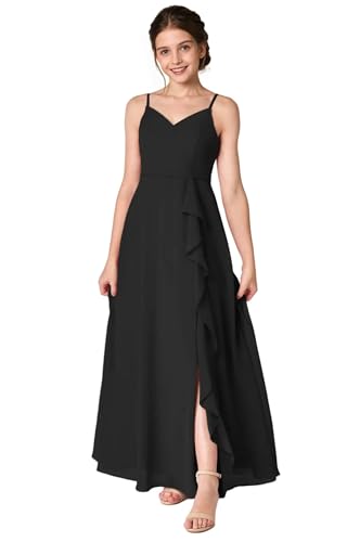 V Neck Junior Bridesmaid Dress with Slit Spaghetti Strap Ruffled Chiffon Flower Girl Dresses for Wedding