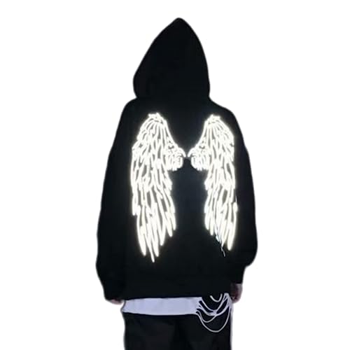 Men Y2K Reflective Fleece Hoodie Large Angel Wings Graphic Gothic Hooded Sweatshirt Dark Academia Emo Alt Grunge Punk Top, Black, Large