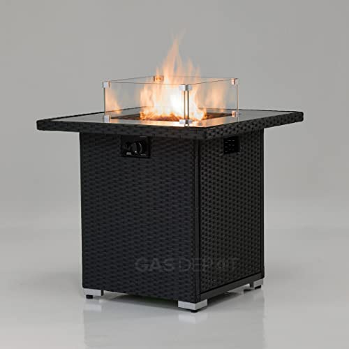 REALGLOW Coreglass Rattan Gas Square Fire Pit - Heat Adjustable 13KW Outdoor Fire Pit - Standing  Table Use - Easy Ignition - 27mm Regulator Black