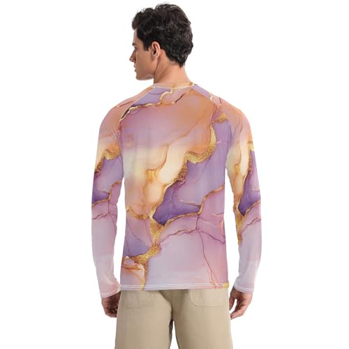 Marble Rose Gold Purple Men's Rash Guard Loose Crew Neck Elasticity Long Sleeve Sun Protection UPF 50+ Water Fishing2