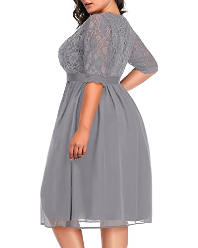 Image of Pinup Fashion Plus Size Lace Chiffon Wrap V Neck Dresses Women Cocktail Wedding Guest Midi Dress