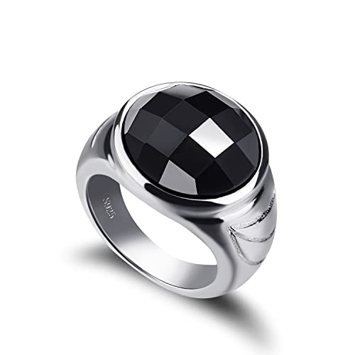 Dankadi Bague Agate Noire Large 16MM 18MM Ronde Carrée en 925 Argent Sterling Simple Grosse, 52-70mm Anneau Luxe Vintage Punk Cadeau Bijoux pour Homme Femme...