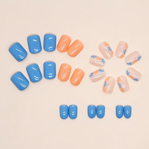 Flower Press on Short Nails Square Flowers Fake Nails Small Flower Glue on Nails Full Cover Stick on Nails with Spring Summer Design Acrylic False Nails DIY Nails Press ons for Women Girls 24Pcs - Image 5