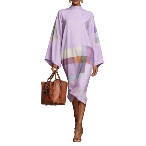 Maxi Dresses for Women 2026 Trendy Vintage Paisley Abstract Ethnic Geometric Prints Spring Dress,Elegant Turtleneck Bell Long Sleeve Boho Dress Casual Loose Fit Beach Vacation Dresses(Light Purple,M)