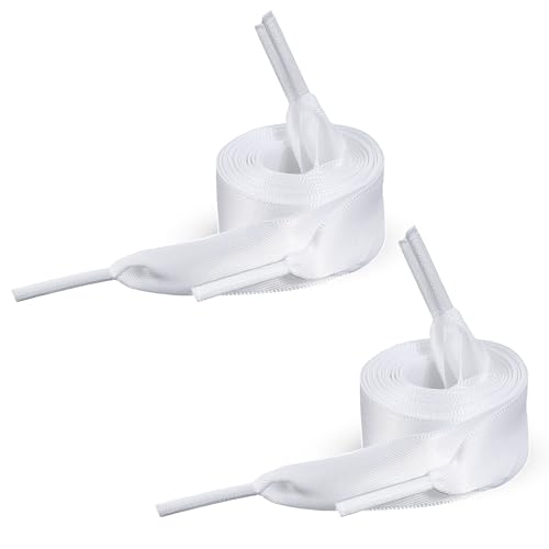 2 Pairs Satin Ribbon Shoelaces, 2cm Wide Flat Shoe Laces for Women Fashion White Flat Shoestring for Sneaker Skate Shoes Boots Sport Shoes DIY Decor