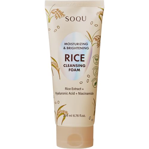 SOQU Rice Foam Cleanser with Niacinamide & Hyaluronic Acid – Gentle Korean Face Wash for Hydrating & Brightening – Made in Korea – 200ml