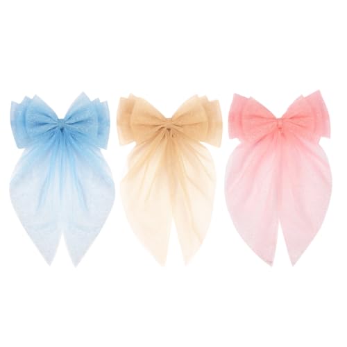 Image of Radhu & Kabby Hair Bows for Women /Girls | Hand made Netbows | Net Tail Hairbow | Fancy & Stylish Hair Accessories | Anti-Hair Fall Hairclips | Blue, Brown, Pink | Pack of 3