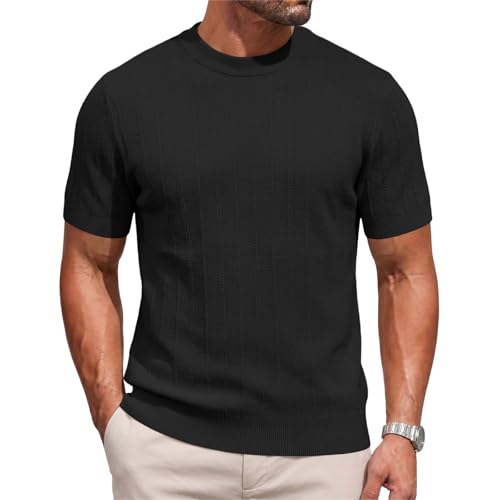 Image of Focixfor Mens Knitted T Shirt Short Sleeve Summer Crew Neck Striped Ribbed Casual Golf UK Shirts Black 2XL