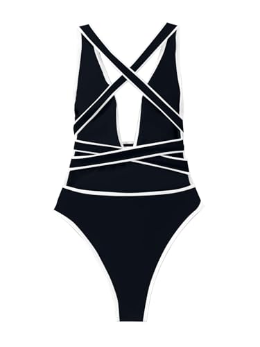 Image of Lilosy Sexy Tie Criss Cross Plunge One Piece Thong Swimsuit High Cut Brazilian Bathing Suit