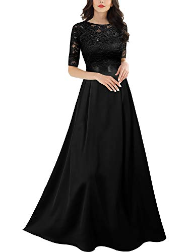Miusol Encaje A-Line Cinturón Noche Vestido Largo para Mujer Negro XXL