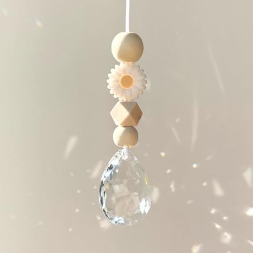 Handgemachter Sonnenfänger Kristall 38mm – Fensterdeko Gänseblümchen mit Holz- & Silikonperlen