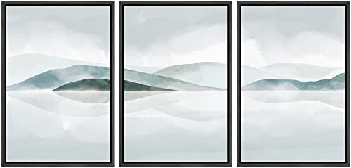 NWT Canvas Print Wall Art Set Abstract Blue and Gray Rolling Hills Geometric Wilderness Illustrations Modern Art Rustic Landscape Pastel for Living Room, Bedroom, Office - 24"x36"x3 Black