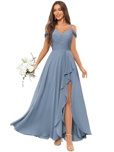 OFEECHUN Women's Off The Shoulder Long Bridesmaid Dresses for Wedding Chiffon Ruched Formal Evening Gowns with Slit4