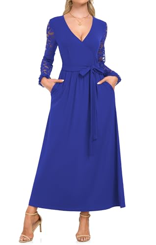 AUSELILY Women's Lace Dress Long Sleeve Maxi 2025 Fall V Neck Wrap Waist Formal Party Long Dresses with Pockets3