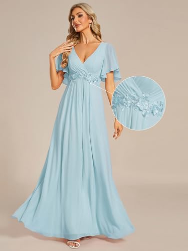 Image of Ever-Pretty Womens V Neck Applique Mother of the Bride Dresses Formal Dress | Chiffon, Short Sleeves, Ruched, A-Line, Bridesmaid Dresses, Formal Gown, Black Tie Dress