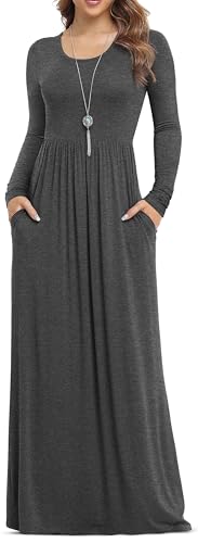 VIISHOW Women's Long Sleeve Solid Pockets Plus Maxi Long Dress with Elastic Waistband(Grey,Large)