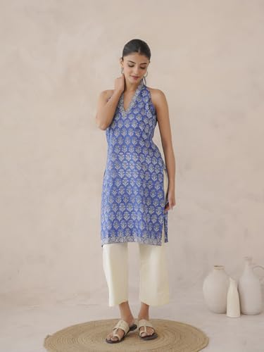 Image of GOODHAND Chic Cotton Halter Kurti with Timeless Block printsPerfect for Casual outings or Festive Flair-Where Traditional Charm Meets Modern Silhouette