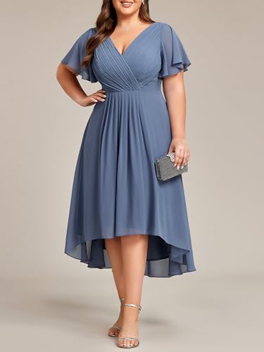 Image of Ever-Pretty Plus Summer Short Sleeves V-Neck Formal Wedding Guest Dresses for Curvy Women Chiffon Midi Cocktail Party Dress