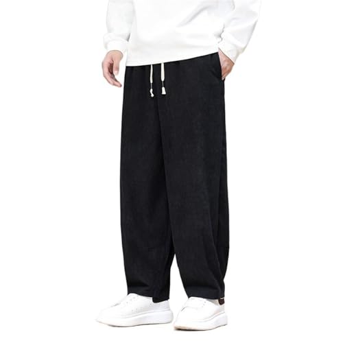 Autumn Winter Chinese Style Retro Corduroy Straight-Leg Pants, Elastic Waist, Casual Big Tall