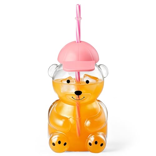 Bear Straw Cup Clear Honey Bear Drinking Glass Bottle with Lid and Straw 22OZ Cute Kawaii Love Bear Glass Bottle for Coffee Juice Milk Tea Smoothies Infused Water Best Gifts for Family Friends (Pink)