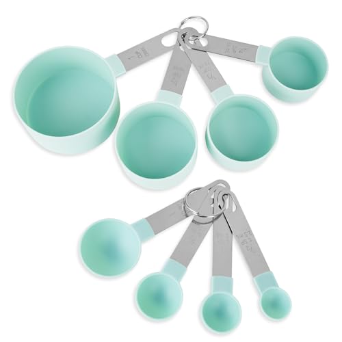 FONYA 8-Piece Black Measuring Tools - Nylon, 4 Measuring Cups / 4 Measuring Spoons with Metal Handles for Liquids and Solids (Lake Green)