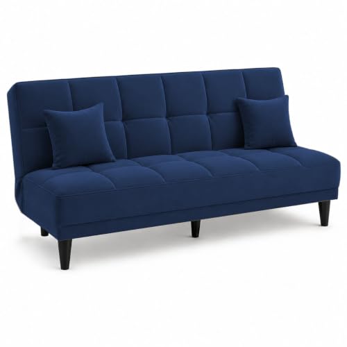 Image of Adorn India Alyssum 3 Seater Sofa Cum Bed 4X6 Velvet 2 Cushions (Color Blue) and Suitable for All Indoor, with 3 Years Warranty