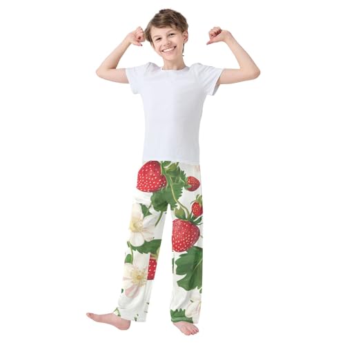 Strawberry with Florals Boys Long Pants Soft Trousers Elastic Waist Kids Lounge Bottoms with Pockets S-XL3