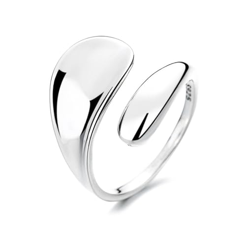 Anillo de cara lisa en forma de gota de agua, anillo grande liso de serpiente ajustable de plata de ley 925, anillo abierto de plata de ley irregular y curvo
