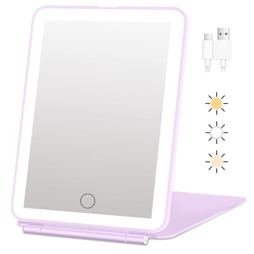 Image of FUNTOUCH Rechargeable Travel Makeup Mirror Lights, Portable 72 Led Lighted Makeup Mirror, 3 Color Lighting, Dimmable Touch Screen, Type C, Tabletop LED Folding Cosmetic Vanity Mirror-Purple