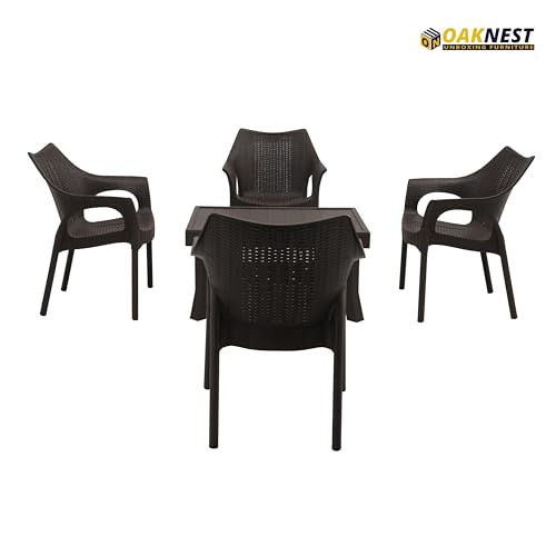 Image of Oaknest Supreme Cambridge with Vegas Plastic Outdoor Chair and Table Set | 4 Rattan Chairs + 1 Table | Weatherproof, Lightweight | Garden & Patio Use Wenge