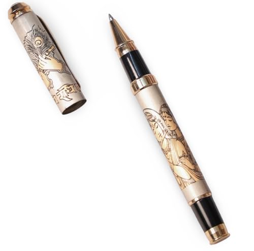 Image of Radhe Krishna Etched Pen in Brass Metal Body | Radha ji & Krishnaji Inscribed Pen with Radhe Radhe Engraving | Premium Metal Pen in Golden Box | Divine Gifting Product | Pushtimarg Gifts