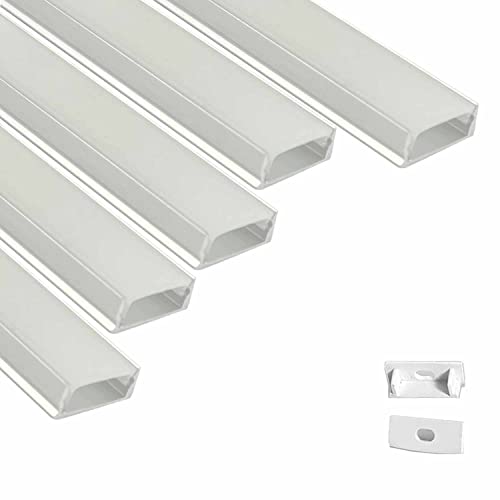 Image of Abaj Lighting 25x12mm LED Strip Light 1Meter Aluminium Rectangular Surface Profile Light Channels with Diffused Cover, End Caps and Mounting Clips - Pack of 5, Corded Electric, White