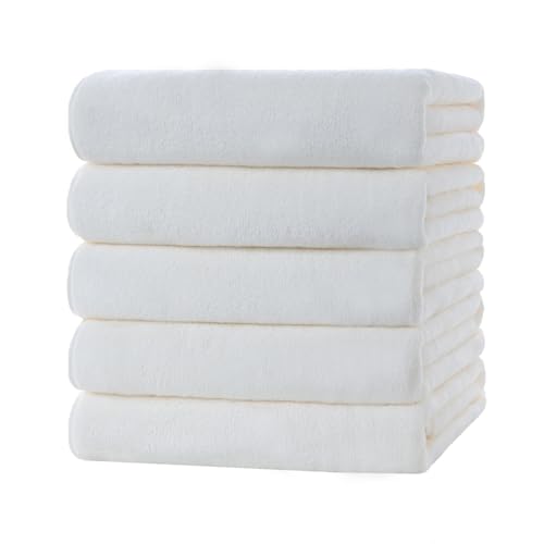 バスタオル マイクロファイバー 大判 5枚セット 約60×120cm タオル 吸水早い 柔らかい ふわふわ 肌に優しい 抗菌防臭 毛羽落ちにくい 家庭用 風呂上がり プレゼント (ホワイト)