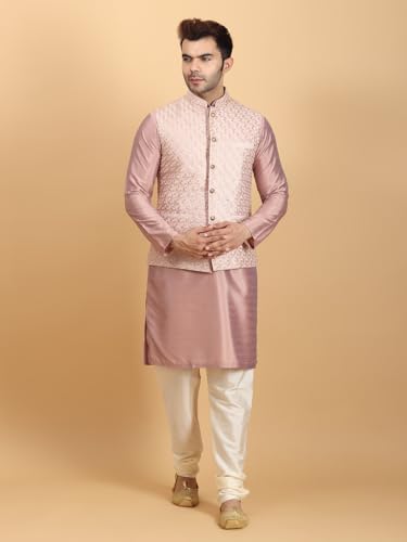 Image of Ethluxis Men Silk Blend Kurta Jacket Set with Mandarin Collar