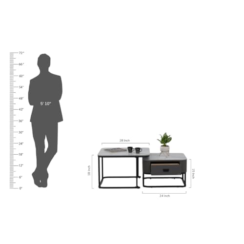 Image of Royaloak Genting Malaysian Square Sintered Top Coffee Table Set of 2 | Nesting Coffee Table for Living Room with Modern Nested Design, Drawer Storage, Glossy Surface & Powder-Coated Metal Frame